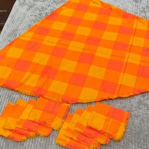 Vibrant Orange Checkered Round Tablecloth Set